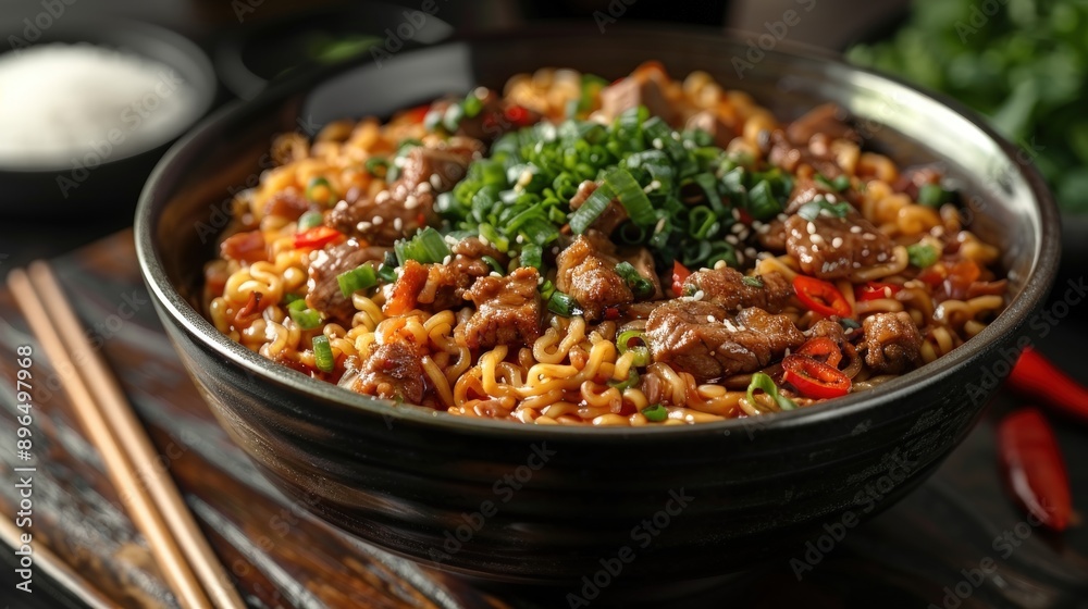 A bowl of noodles with meat and vegetables, wood sticks holding the rice noodles in mid-air above it