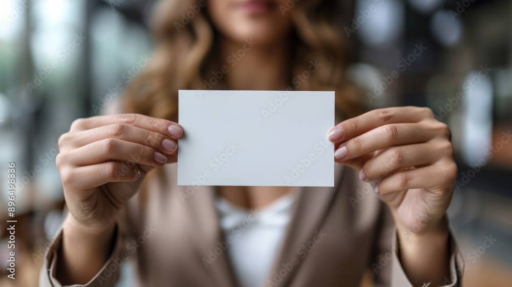A businesswoman holding up an empty white card, close-up of her hand and the blank piece of paper. A businesswoman holding up an empty white card, close-up of her hand and the blank piece of paper.