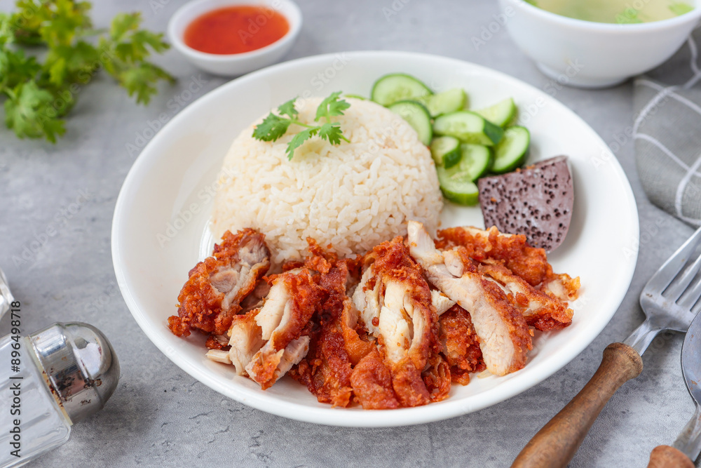 Fried Chicken and rice, rice, chicken, hainanese fried chicken rice, crispy fried chicken ,coriander, cucumber, asian food, thai cuisine, khao man gai tod Fried Chicken and rice, rice, chicken, hainanese fried chicken rice, crispy fried chicken ,coriander, cucumber, asian food, thai cuisine, khao man gai tod