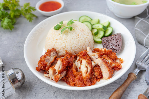 Fried Chicken and rice, rice, chicken, hainanese fried chicken rice, crispy fried chicken ,coriander, cucumber, asian food, thai cuisine, khao man gai tod
