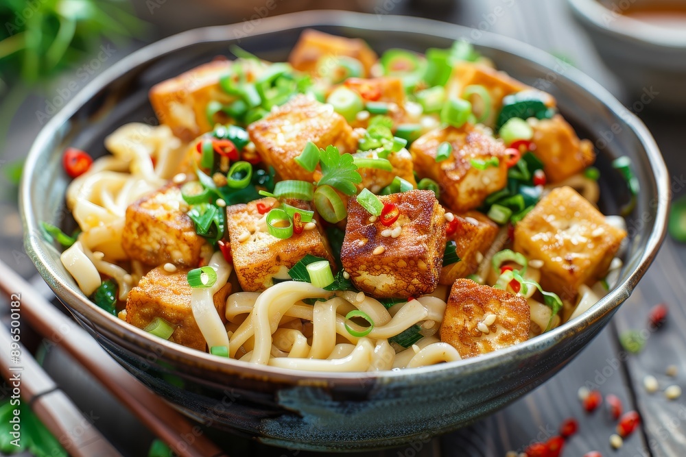 Fried tofu served with udon noodles Fried tofu served with udon noodles
