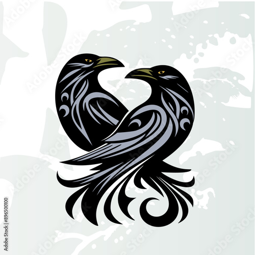  logo design of two ravens, vector graphic, simple, minimalistic, two colors, fantasy, tattoo, raven symbol with tribal patterns around it, two birds in the shape of a heart symbol 