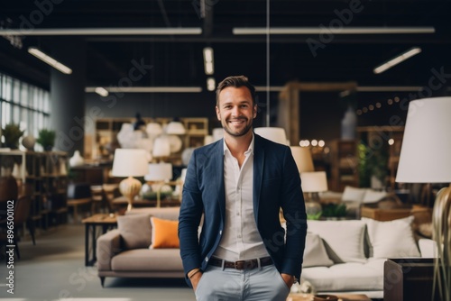 Smiling portrait of a young salesman in furniture store