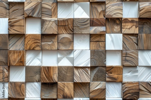 Fototapeta Naklejka Na Ścianę i Meble -  3D wallpaper in form of modern wood white geometric wall panel design