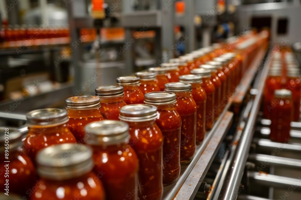 Tomato sauce in jar on conveyor belt