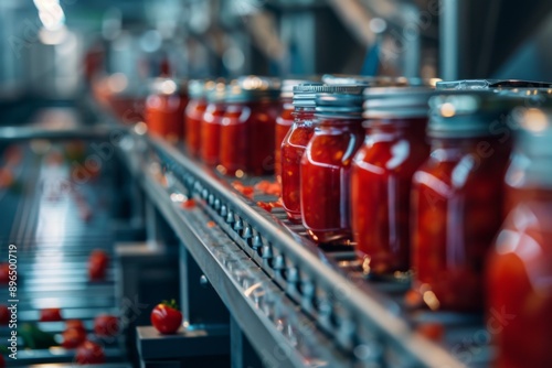 Tomato sauce in jar on conveyor belt