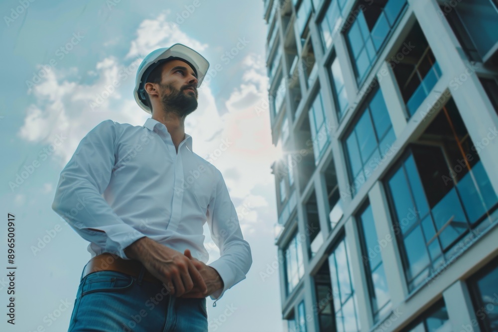 Male architect with hard hat inspecting new building Male architect with hard hat inspecting new building
