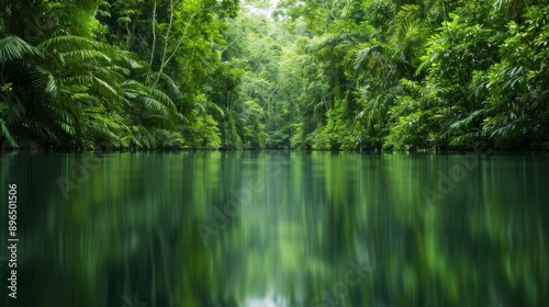 A serene view of a tranquil river surrounded by lush green foliage, reflecting nature's beauty and calmness.