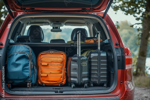 Truck of SUV car loaded with travel luggage