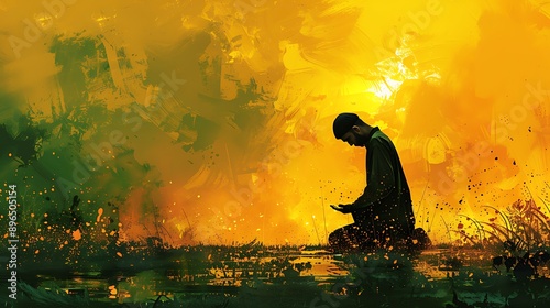 cartoon of muslim man praying on sujud photo