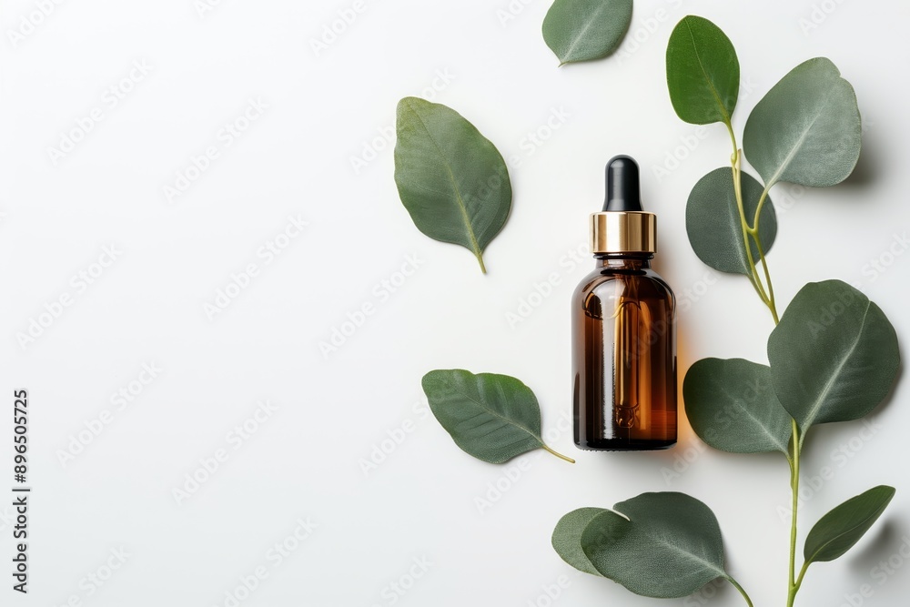 Hyaluronic acid bottle with eucalyptus oil leaf on white backdrop Modern beauty concept Natural organic cosmetic Flat lay top view Hyaluronic acid bottle with eucalyptus oil leaf on white backdrop Modern beauty concept Natural organic cosmetic Flat lay top view