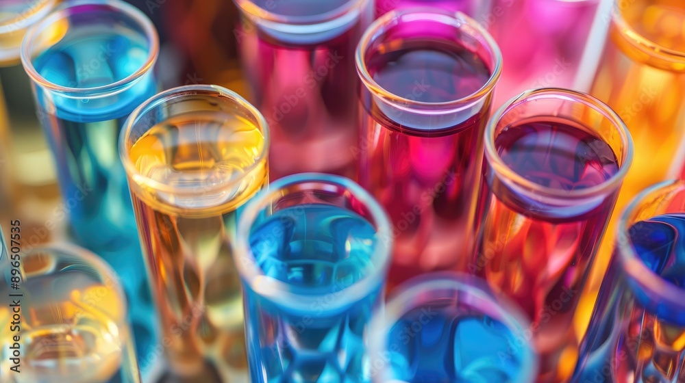 Close up high angle view of colorful liquid filled test tubes in a laboratory with space for text Close up high angle view of colorful liquid filled test tubes in a laboratory with space for text