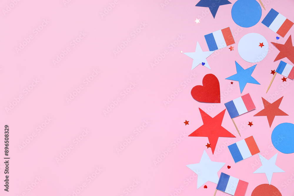 French flags, stars and heart on pink background. Bastille Day celebration French flags, stars and heart on pink background. Bastille Day celebration