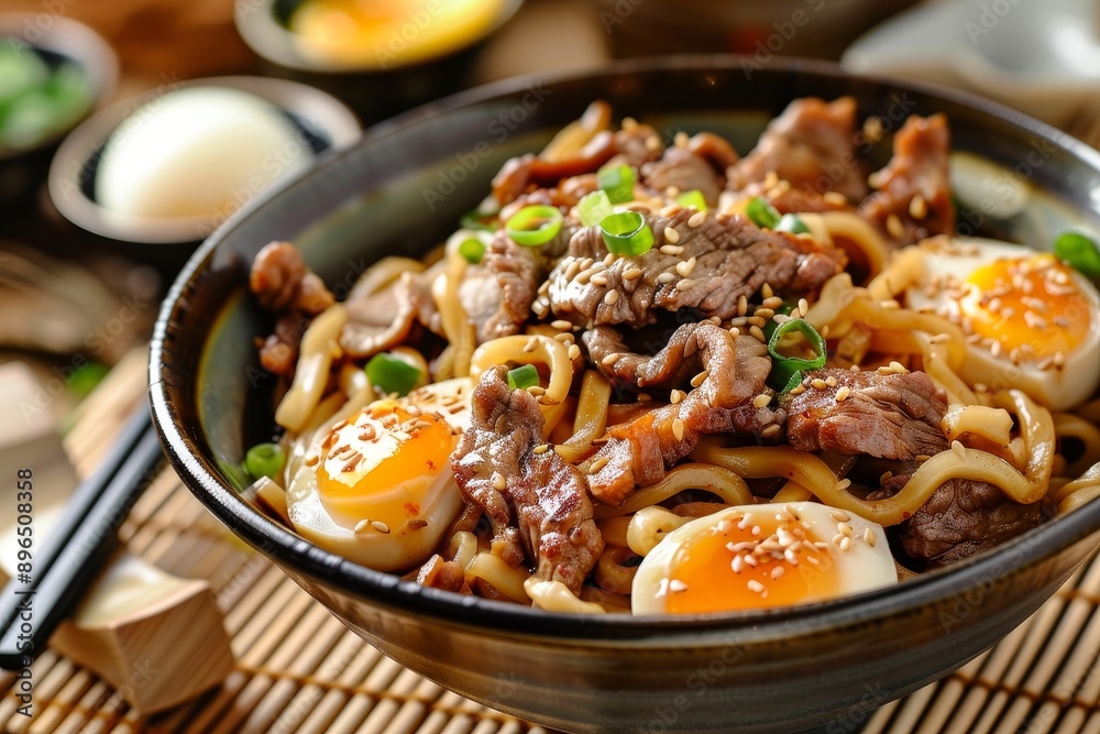 Japanese cuisine featuring beef and udon noodles Japanese cuisine featuring beef and udon noodles