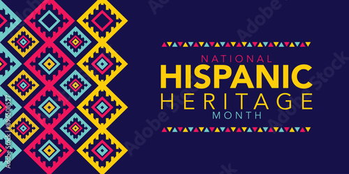 Hispanic heritage month. Vector web banner, poster, card for social media, networks. Greeting with national Hispanic heritage month text, Papel Picado pattern, perforated paper on black background.
