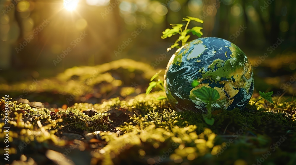 Green planet earth with growing plant on moss in forest nature background for World Environment Day. Symbolic representation of Earth Hour, World Wildlife Day, and green energy. 