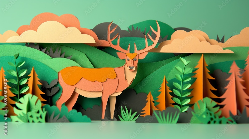 Fototapeta premium Papercraft Deer in a Forest Landscape