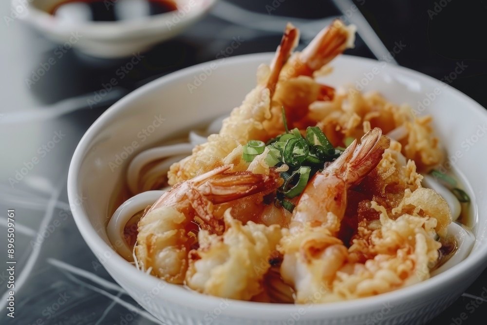 Japanese Udon noodles with shrimp tempura and narutomaki on a white bowl served on a black marble table Japanese Udon noodles with shrimp tempura and narutomaki on a white bowl served on a black marble table