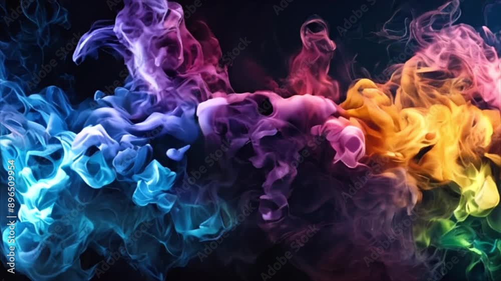 Colorful swirling smoke against black backdrop. Abstract background