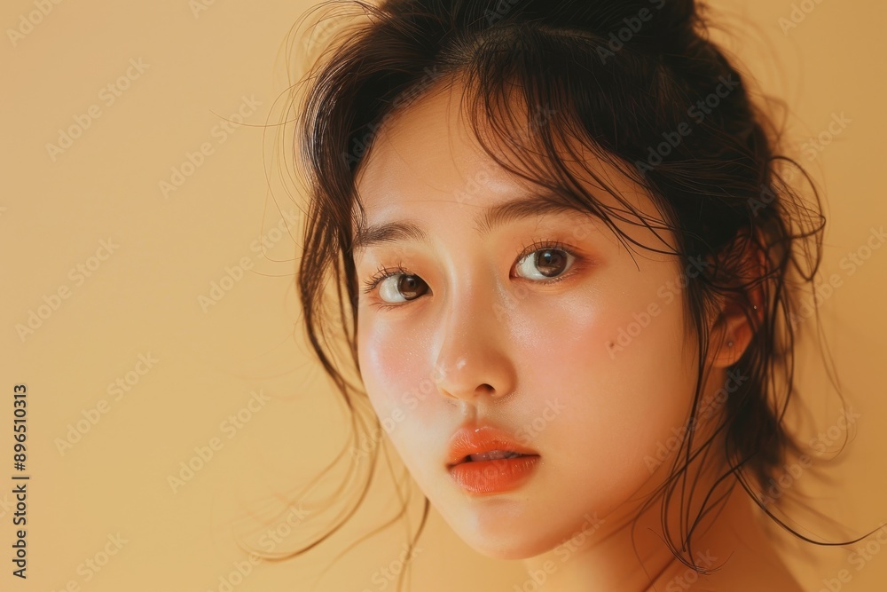 Korean woman with attractive glowing skin looking at camera on beige backdrop