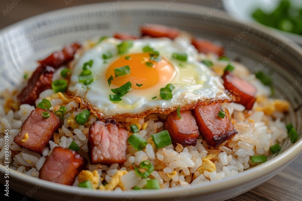 Lunch meat and eggs mixed with fried rice Lunch meat and eggs mixed with fried rice