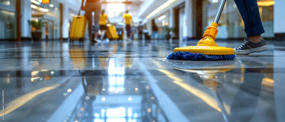 Person cleaning floor with mop. Person cleaning floor with mop.