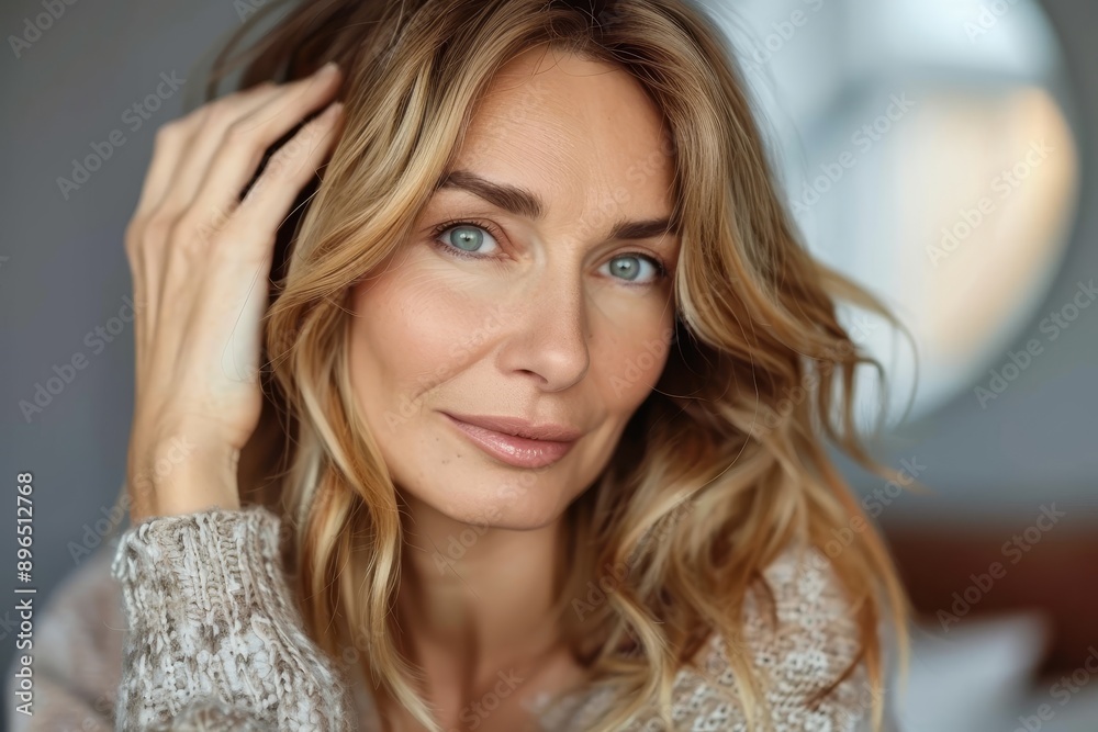 Mid aged woman gently touching her hair showcasing natural beauty on camera Mid aged woman gently touching her hair showcasing natural beauty on camera