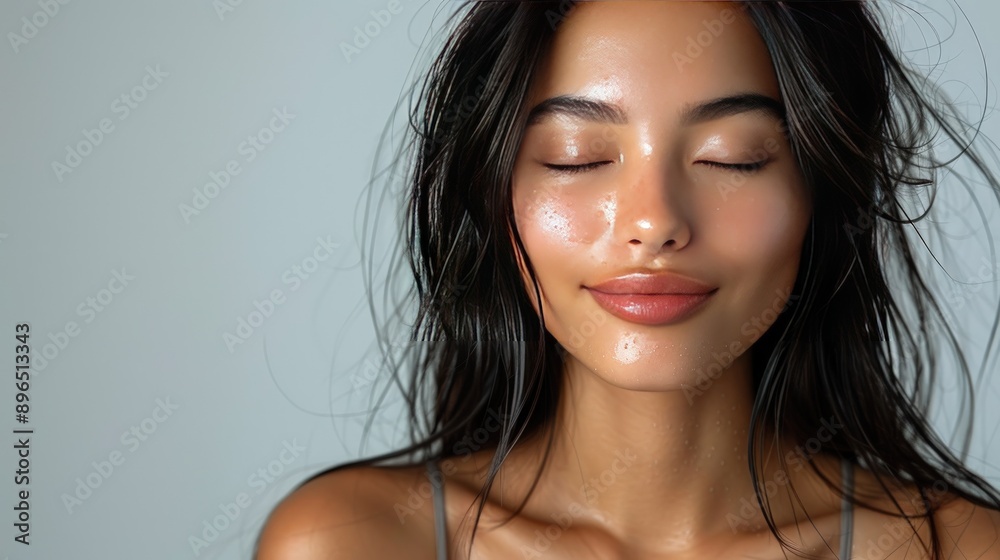 Beautiful Asian woman with long black hair touching her healthy smooth skin on a white background. Beautiful Asian woman with long black hair touching her healthy smooth skin on a white background.