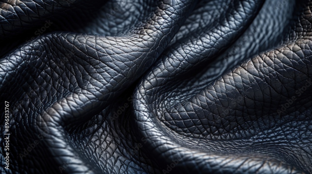 Black leather texture background, close-up of black smooth leather surface with soft folds.