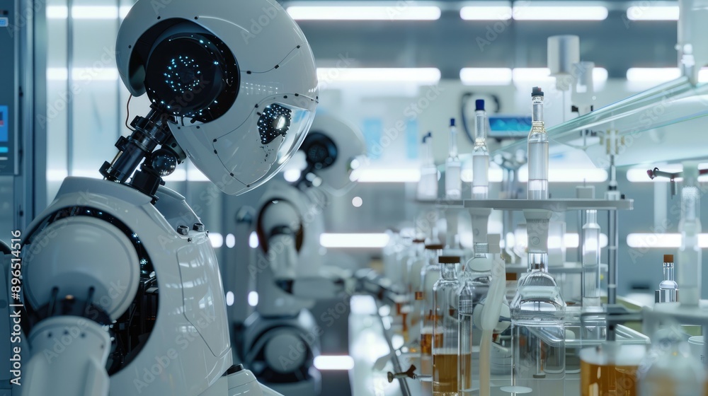 AI-driven robots conducting experiments in a cutting-edge laboratory AI-driven robots conducting experiments in a cutting-edge laboratory