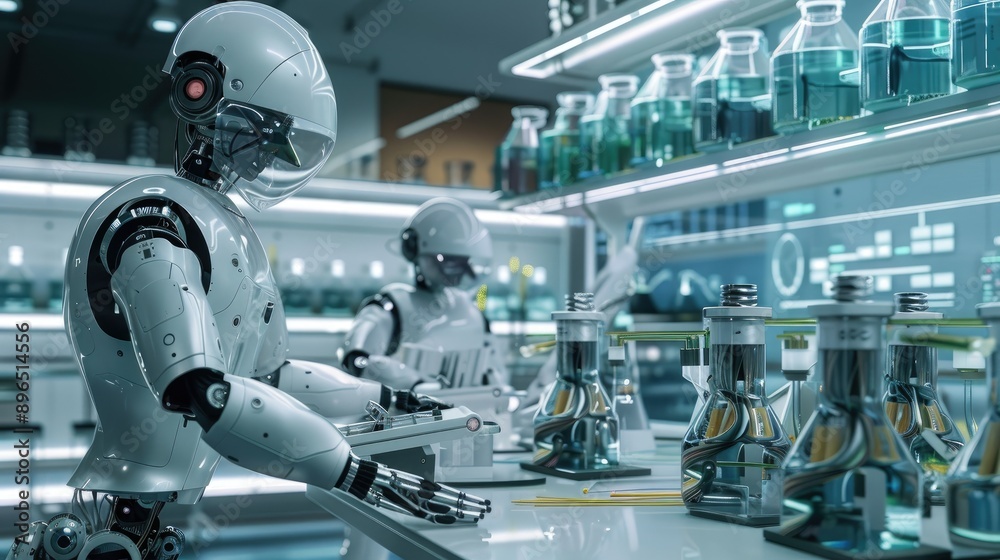 AI-driven robots conducting experiments in a cutting-edge laboratory AI-driven robots conducting experiments in a cutting-edge laboratory