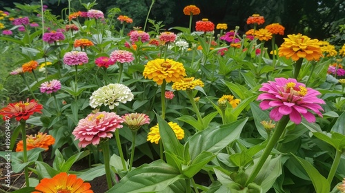 Bright and cheerful zinnias in a summer flower bed