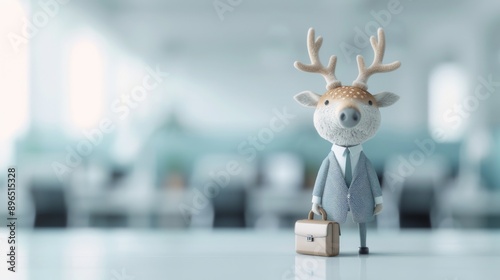 A whimsical figurine of a deer in a suit, holding a briefcase in a modern office setting, symbolizing creativity in business. photo