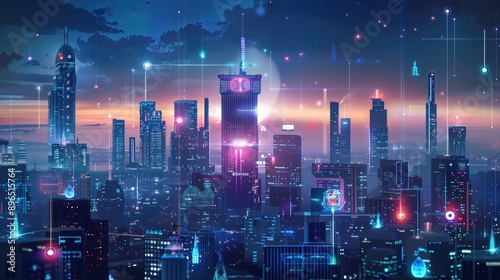 Wallpaper Mural Futuristic cityscape with integrated smart technology and IoT devices Torontodigital.ca