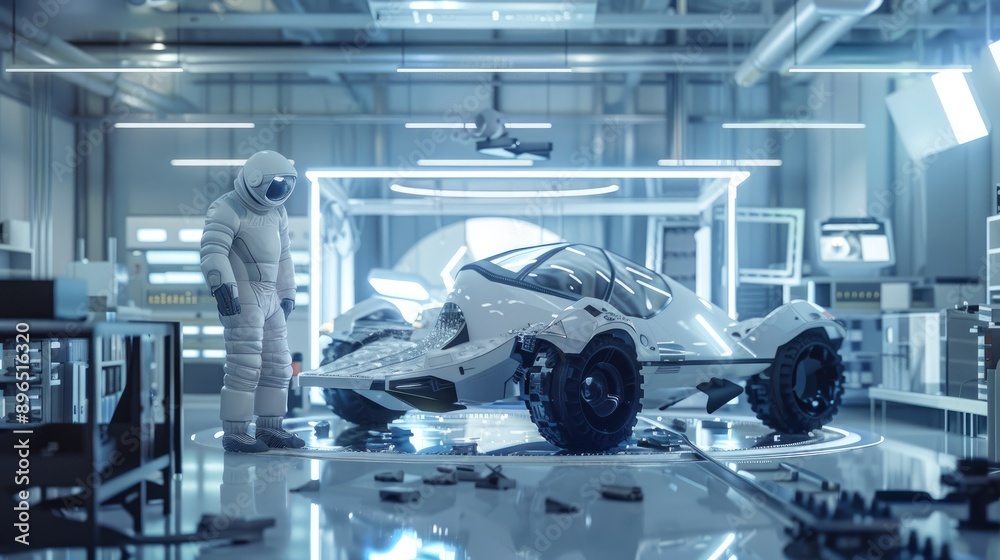 Futuristic space exploration vehicles being designed in a modern lab