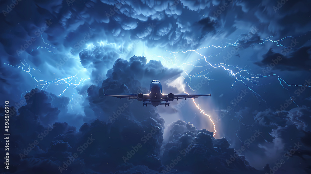 Obraz premium An airplane flying through a stormy sky, with lightning illuminating the clouds around it.