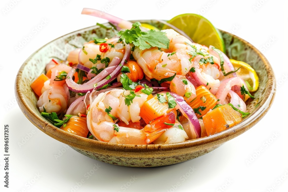 Peruvian seafood ceviche isolated against white Peruvian seafood ceviche isolated against white