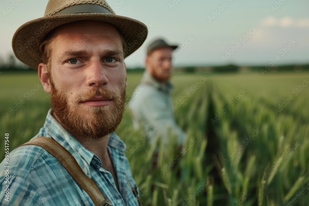 Picture of farmer in wheat field with colleague in background Picture of farmer in wheat field with colleague in background