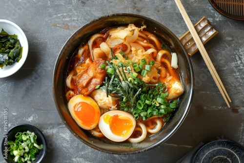 Popular in Nagoya Miso Nikomi Udon is a noodle soup made with miso broth chicken shiitake mushrooms tofu kamaboko egg and green onion photo