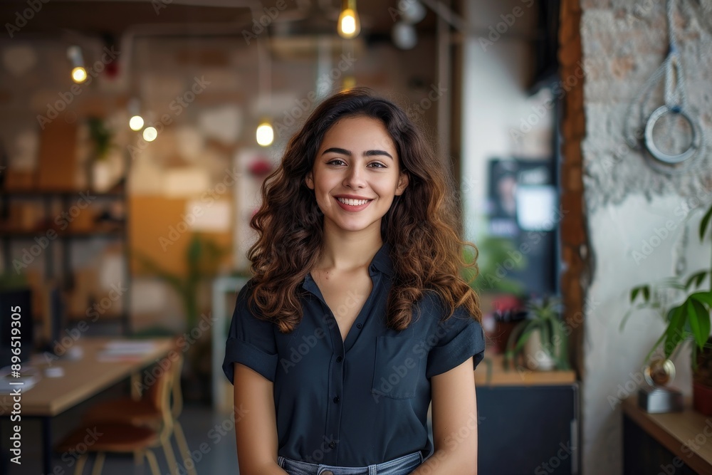 Portrait of a smiling successful Latin businesswoman in a creative office or coworking space Portrait of a smiling successful Latin businesswoman in a creative office or coworking space