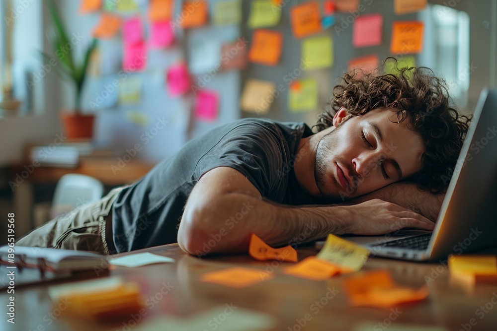 Workplace Burnout: Exhausted Man Sleeping on Laptop in Cluttered Office Workplace Burnout: Exhausted Man Sleeping on Laptop in Cluttered Office