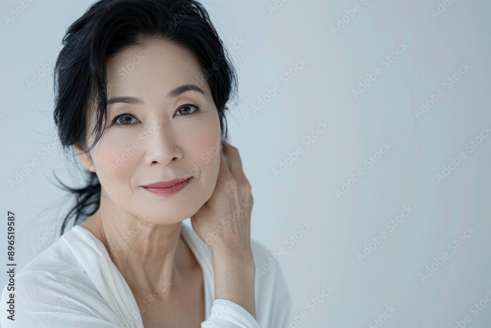 Portrait of an attractive mature Asian woman aged 50 smiling and touching her face isolated on a white background Lifting anti wrinkle skincare and spa adverti Portrait of an attractive mature Asian woman aged 50 smiling and touching her face isolated on a white background Lifting anti wrinkle skincare and spa adverti