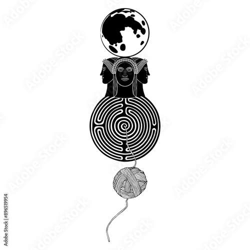 Triple goddess with full moon on a round spiral maze or labyrinth symbol and a yarn ball. Lunar female triad. Mythological concept. Ariadne's thread. Philosophical symbol. Black and white silhouette.