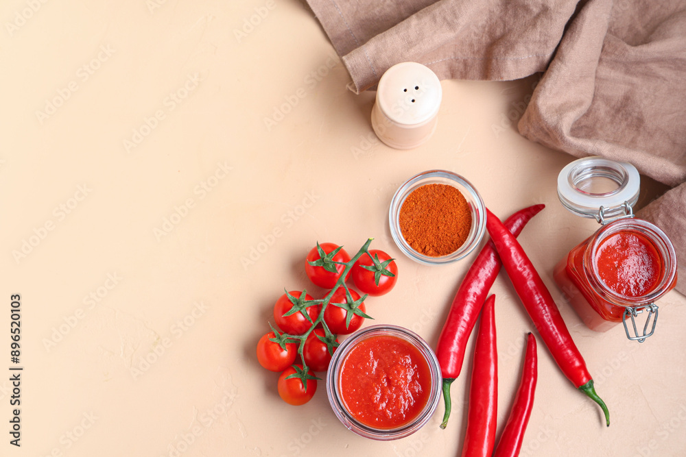 Jars of tomato sauce with chili peppers on beige background Jars of tomato sauce with chili peppers on beige background