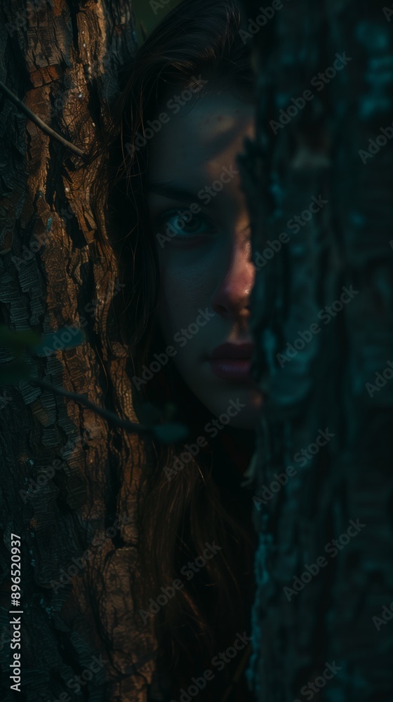 Close-up of a scared woman peeking out from behind a large tree in a forest at night. Woman among dense trees in scary scene. Close-up of a scared woman peeking out from behind a large tree in a forest at night. Woman among dense trees in scary scene.