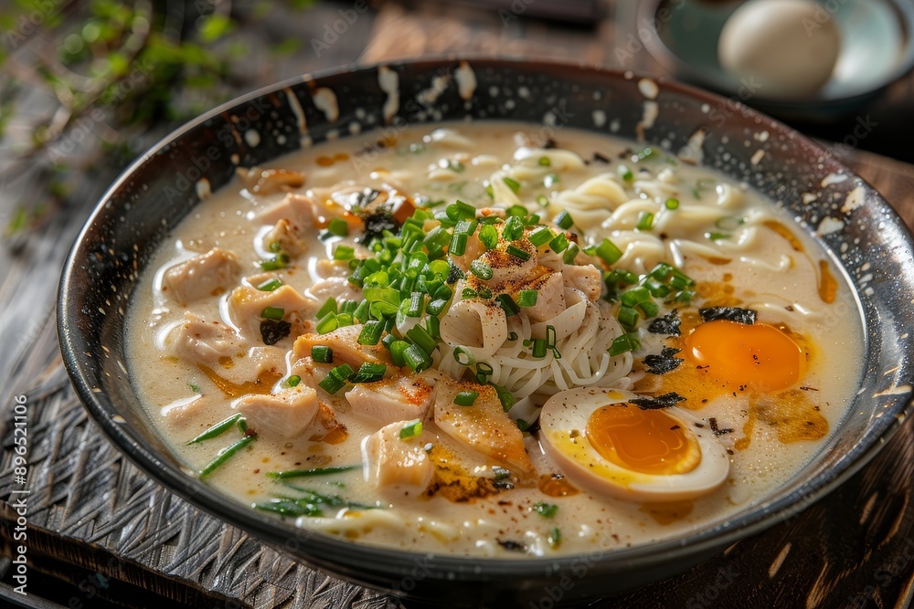 Ramen soup from Japan with chicken egg chives sprout on dark wood backdrop Ramen soup from Japan with chicken egg chives sprout on dark wood backdrop