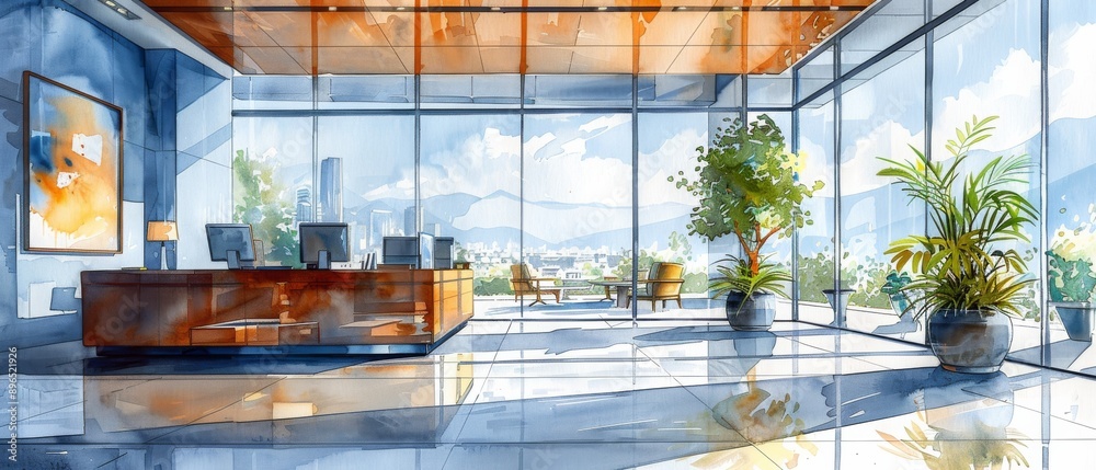 Bright and modern office interior with large windows, elegant furniture, and lush plants, offering a stunning view of the city. Bright and modern office interior with large windows, elegant furniture, and lush plants, offering a stunning view of the city.