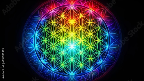 Rainbow Flower of Life Mandala, sacred geometry, fractal art, spiritual, meditation, Flower of Life, mandala art photo