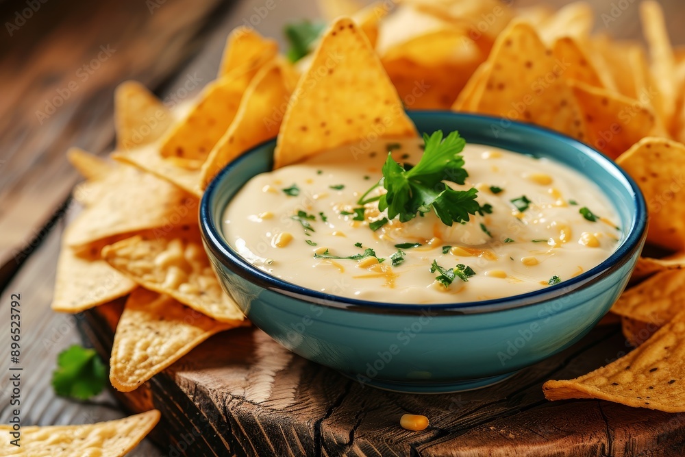 Selective focus horizontal shot of a turquoise bowl with Mexican cheese dip and corn chips Selective focus horizontal shot of a turquoise bowl with Mexican cheese dip and corn chips