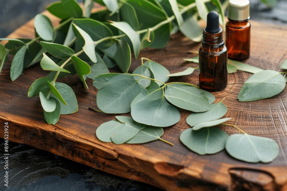 Selective focus photo of eucalyptus leaves and oil on wood cutting board during daytime Selective focus photo of eucalyptus leaves and oil on wood cutting board during daytime